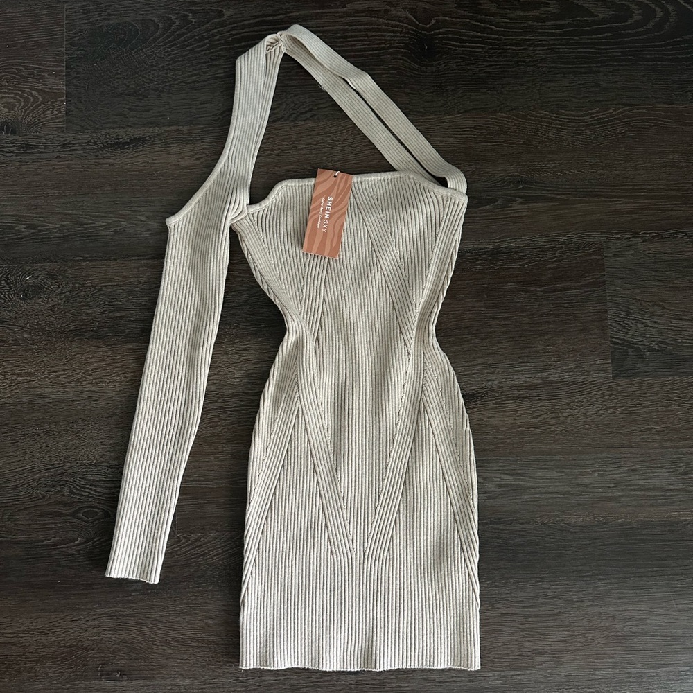 SHEIN Cream Asymmetrical Ribbed Bodycon Dress